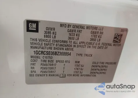 2011 Chevrolet Silverado 1500 Lt z USA, uszkodzony, nr VIN 1GCRCSE06BZ368894